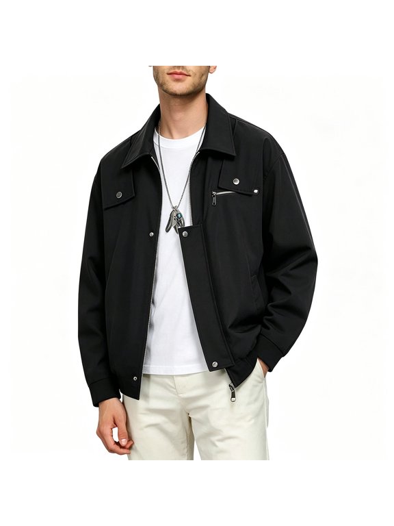 Mens Zip Up Utility Jacket Multi Pocket Stand Collar Casual Workwear Coat Fall Lightweight Business Jacket