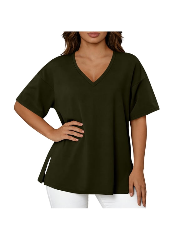 Oversized Tshirts for Women Side Slit Half Sleeve Summer Tops Elbow Length V Neck T Shirts Loose Fit Dressy Blouses