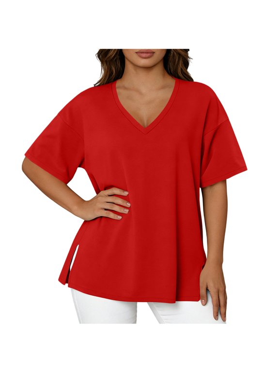 Oversized Tshirts for Women Side Slit Half Sleeve Summer Tops Elbow Length V Neck T Shirts Loose Fit Dressy Blouses