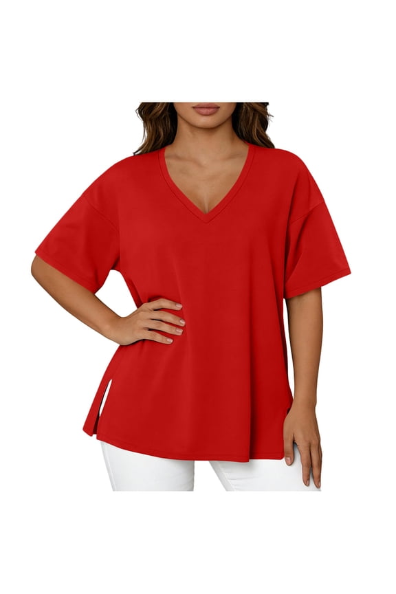 Oversized Tshirts for Women Side Slit Half Sleeve Summer Tops Elbow Length V Neck T Shirts Loose Fit Dressy Blouses