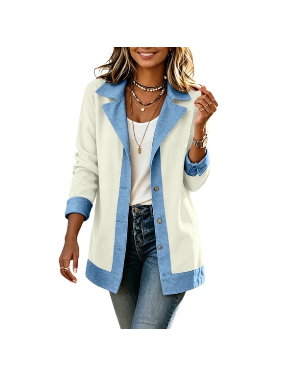 Patchwork Faux Denim Jacket for Women Button Down Collared Long Sleeve Jackets 2026 Lightweight Loose Fall Tops