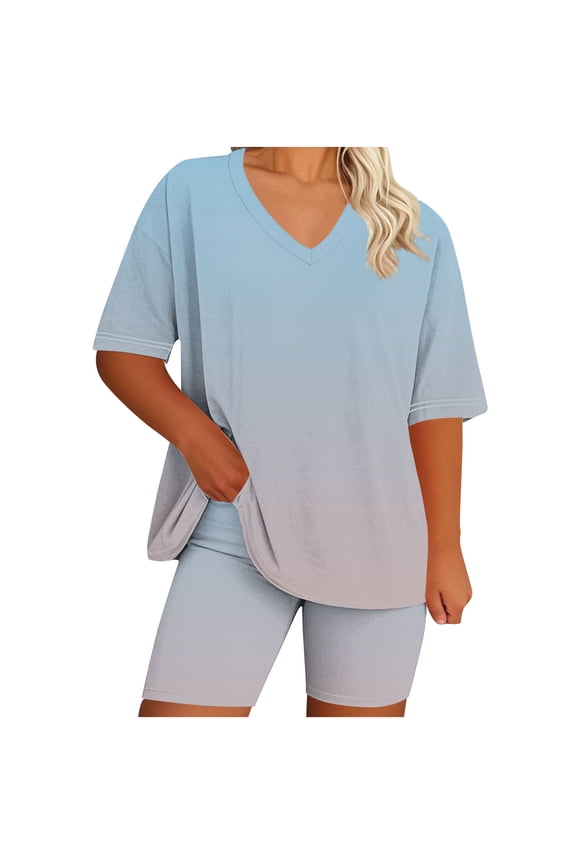 Plus Size Biker Shorts Set for Women 2 Piece Outfits Loose V Neck Short Sleeve Tunic Tops Gradient Sweatsuit Sets