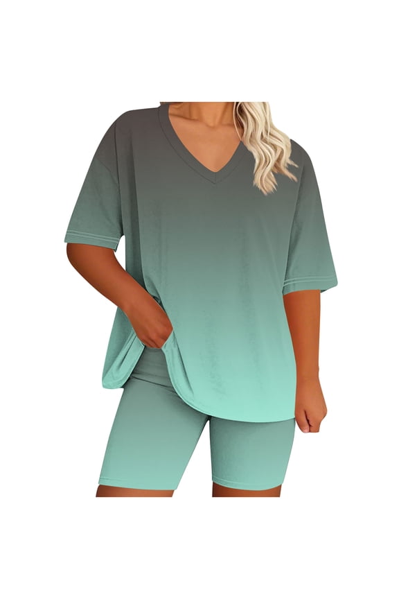 Plus Size Biker Shorts Set for Women 2 Piece Outfits Loose V Neck Short Sleeve Tunic Tops Gradient Sweatsuit Sets