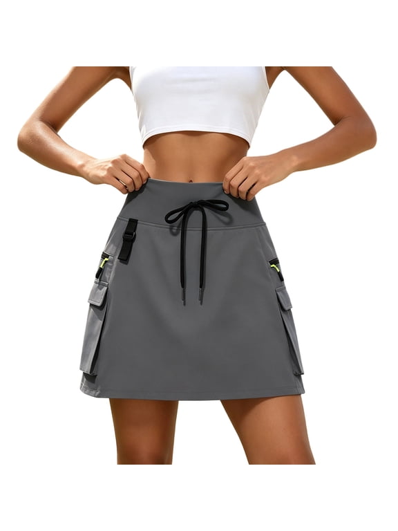 Skorts for Women Elastic Drawstring High Waist Hiking Cargo Mini Skorts Summer Casual Tennis Golf Skorts with Zipper Pockets
