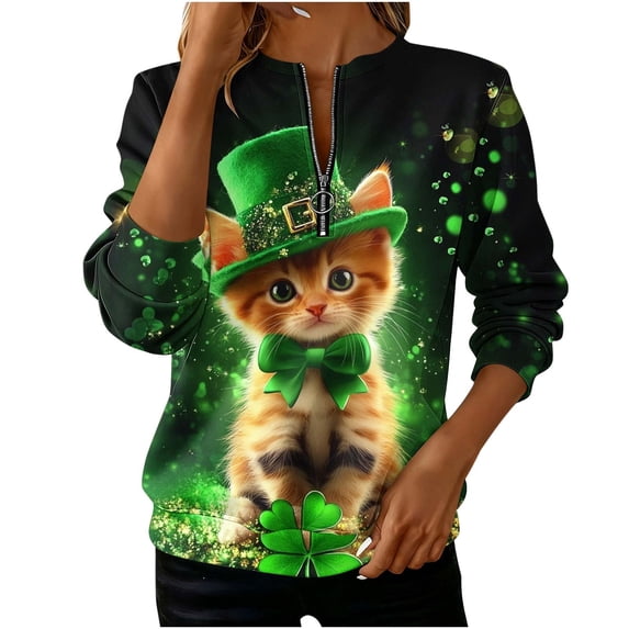 WRFWUL St. Patrick's Day Sweatshirt Women Half Zipper Pullover Irish Shamrock Graphic Sweater Tops Casual Long Sleeve Shirts