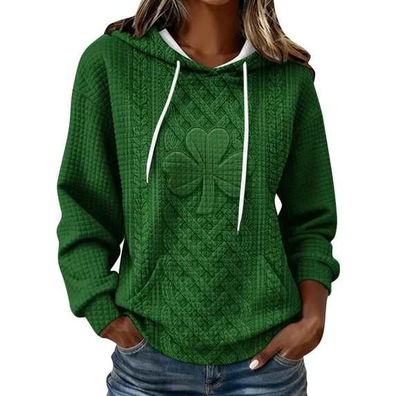 WRFWUL St Patricks Day Hoodie Women Fashion Shamrock Print Hoodies Long Sleeve Comfortable Casual Waffle Sweatshirt
