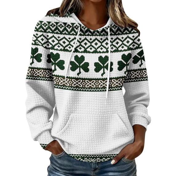 WRFWUL St Patricks Day Hoodie Women Fashion Shamrock Print Hoodies Long Sleeve Comfortable Casual Waffle Sweatshirt