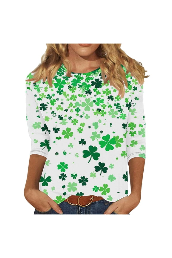 St Patty's Day Shirt Women 2025 Casual Plus Size 3/4 Sleeve Irish Clover Shirts Funny Saint Patrick's Tunic Tops