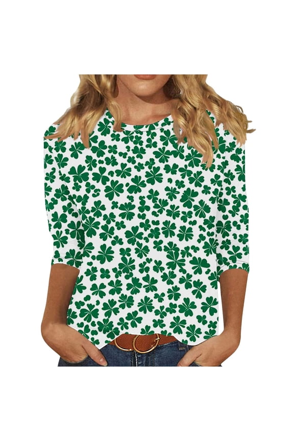 St Patty's Day Shirt Women 2025 Casual Plus Size 3/4 Sleeve Irish Clover Shirts Funny Saint Patrick's Tunic Tops