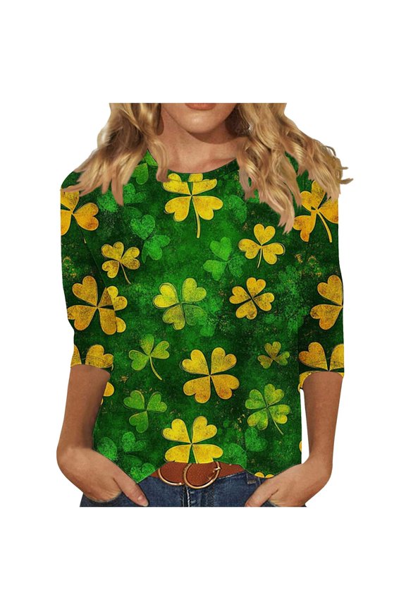 St Patty's Day Shirt Women 2025 Casual Plus Size 3/4 Sleeve Irish Clover Shirts Funny Saint Patrick's Tunic Tops