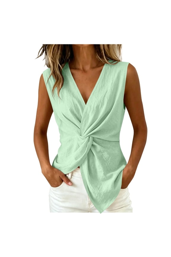 Summer Cotton Linen Tops for Women Front Cross Twist Sleeveless Blouse Pleated V Neck Asymmetrical Hem Casual Slim Vest Blouses