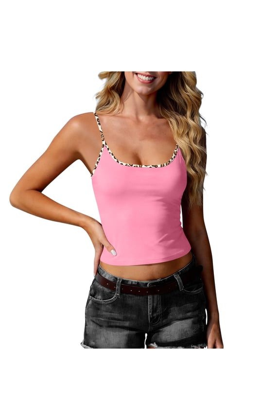 Tank Tops for Women Spaghetti Strap Leopard Trim Scoop-Neck Camisole Casual Stylish Cami Going Out Outfits