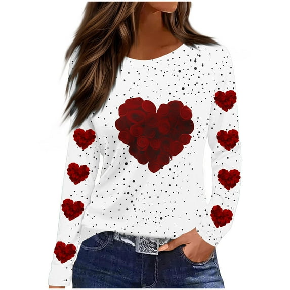 WRFWUL Valentines Tops for Women Trendy 2026 Love Heart Printed Tee Shirts Oversized Long Sleeve Crew Neck Valentine Shirt