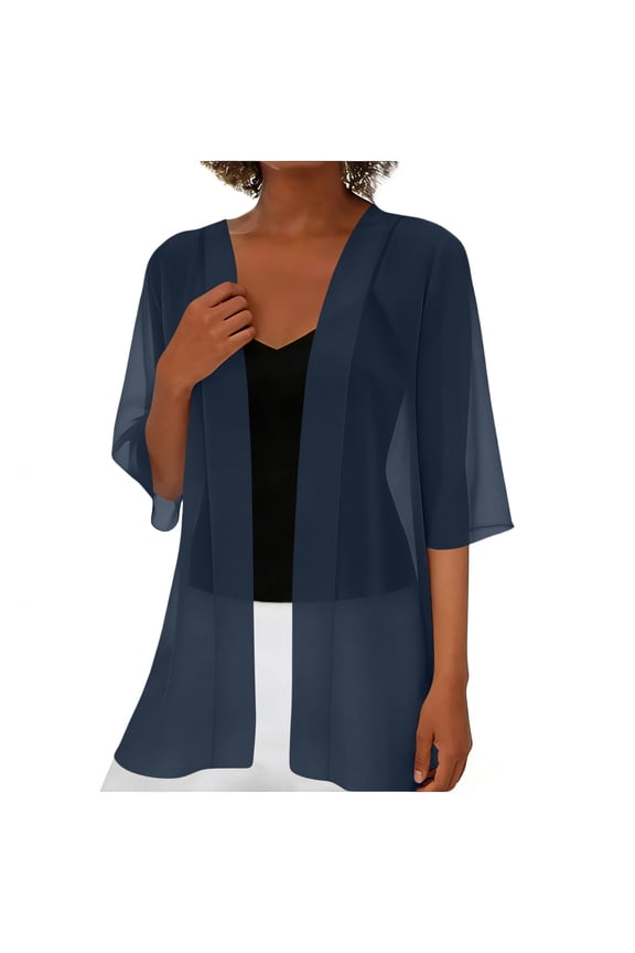 Women Casual Chiffon Lightweight Blouse Open Front Kimono Cardigans Soft Draped Ruffles Mid Sleeve Top