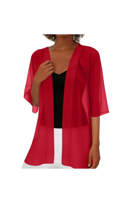 Women Casual Chiffon Lightweight Blouse Open Front Kimono Cardigans Soft Draped Ruffles Mid Sleeve Top