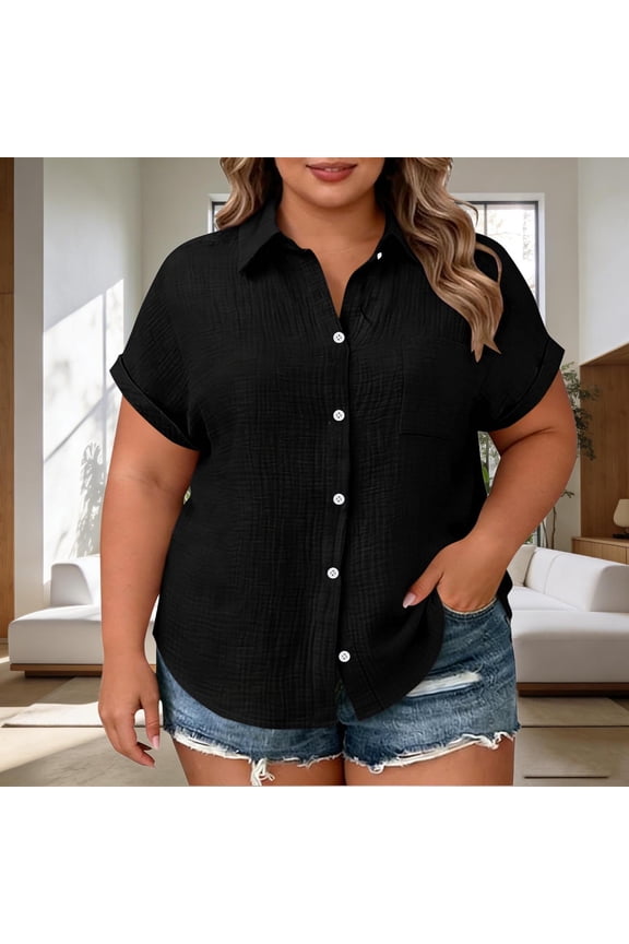 Women Plus Size Button Down Short Sleeve Shirts Collared Textured Summer Blouses Casual Loose Tops with Pockets