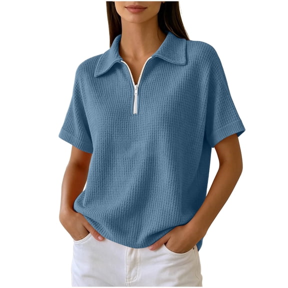 WRFWUL Women Waffle Tops Quarter Zipper Short Sleeve V Neck Collared T Shirts Dressy Casual Textured Pullover
