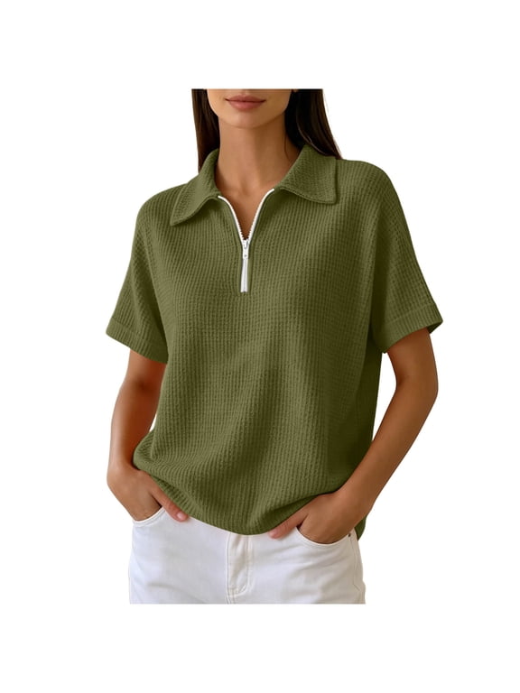 Women Waffle Tops Quarter Zipper Short Sleeve V Neck Collared T Shirts Dressy Casual Textured Pullover