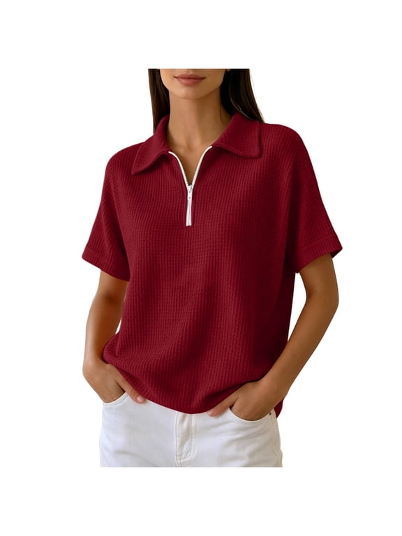 Women Waffle Tops Quarter Zipper Short Sleeve V Neck Collared T Shirts Dressy Casual Textured Pullover