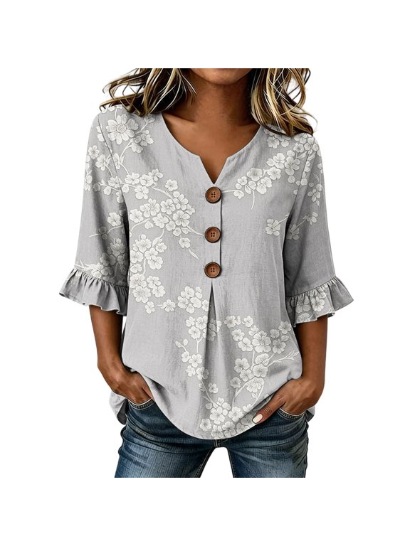 Women's 3/4 Sleeve Summer Tops Floral Print Ruffle Sleeve Split V Neck Button Down Blouse Lightweight Boho Chic Tunic Shirt