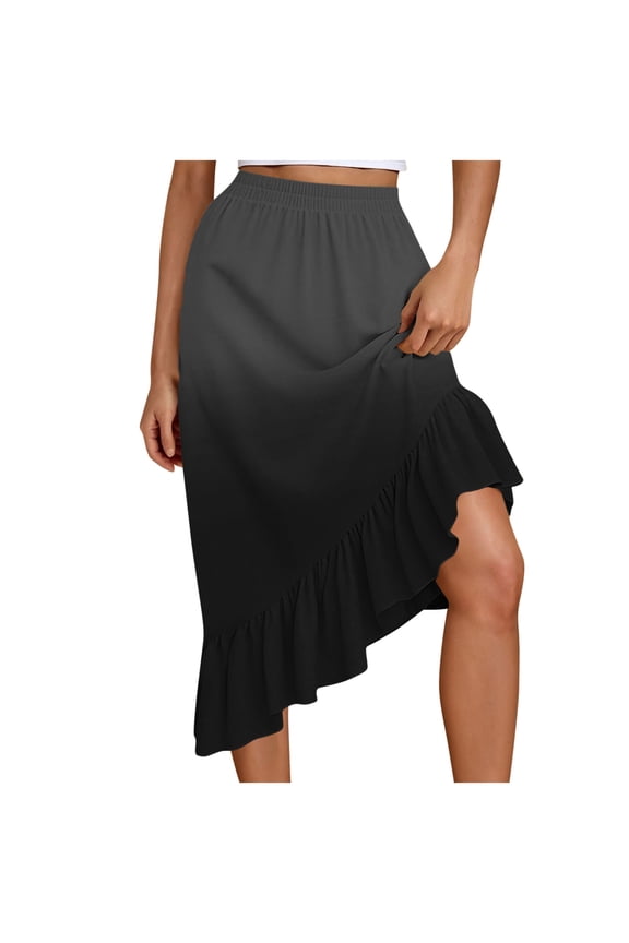 Women's Asymmetrical Midi Skirt with Ruffled Hem Ombre Gradient And Elastic Waist A-Line Casual Flowy Summer Skirt
