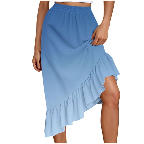 WRFWUL Women's Asymmetrical Midi Skirt with Ruffled Hem Ombre Gradient And Elastic Waist A-Line Casual Flowy Summer Skirt