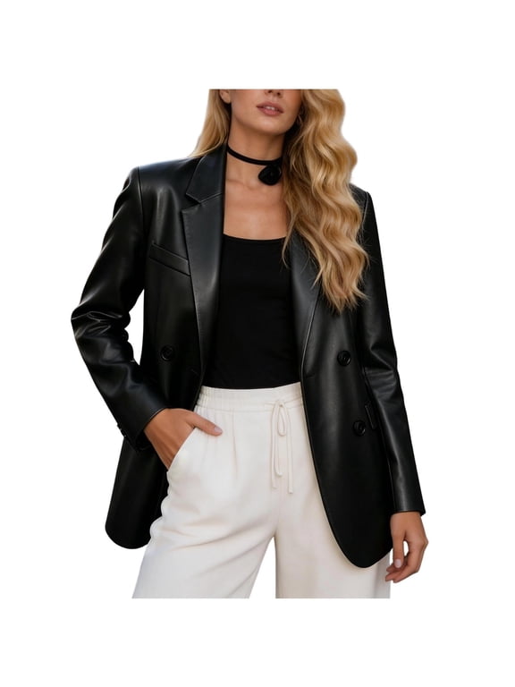 Women's Double Breasted Faux Leather Blazers Notched Lapel Long Sleeve Jackets Business Casual Office Work Coats