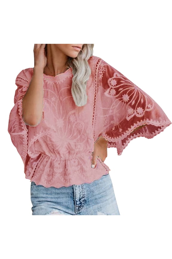 Women's Embroidered Lace Batwing Shirt Poncho Tunic Tops Scallop Hem Sheer Mesh Blouses For Casual Vacation and Chic Everyday Outfits