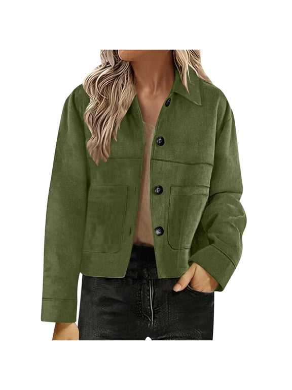 Women's Faux Suede Cropped Jacket Button Down Lapel Collar Tops Fall Winter Fashion Trendy Outwear With Pockets