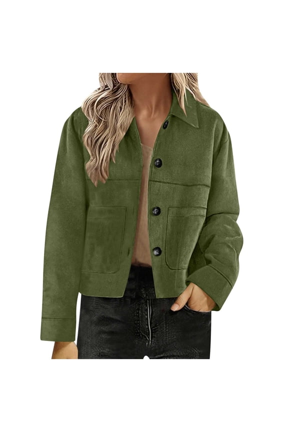 Women's Faux Suede Cropped Jacket Button Down Lapel Collar Tops Fall Winter Fashion Trendy Outwear With Pockets