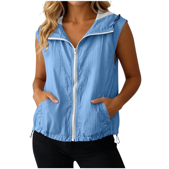 WRFWUL Women's Lightweight Zip Up Hooded Vest With Pockets Sleeveless Windbreaker Drawstring Summer Outdoor Sun Protection Top