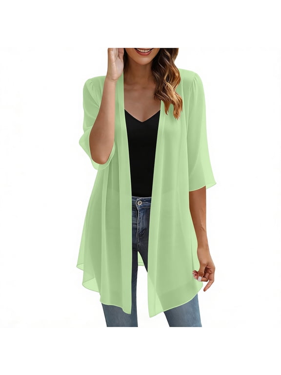 Women's Long Sheer Chiffon Cardigans Half Sleeve Light See Through Dusters Flowy Draped Kimono Cardigan Capes
