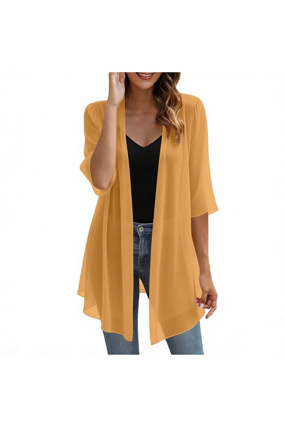Women's Long Sheer Chiffon Cardigans Half Sleeve Light See Through Dusters Flowy Draped Kimono Cardigan Capes
