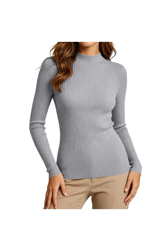 Women's Long Sleeve Mock Neck Sweaters Stretchy Slim Fit Ribbed Knit Pullover Tops Fall Casual Basic Layering Shirts