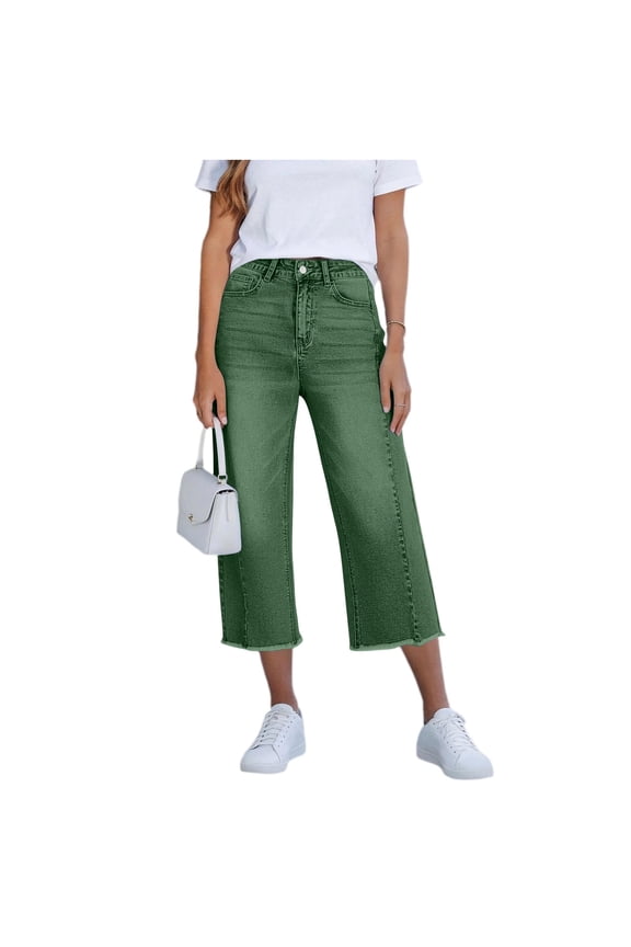 Women's Mid Rise Straight Leg Faux Denim Capri Pants Frayed Hem Comfortable Stretch Baggy Capris Pants with Pockets