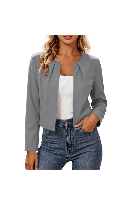 Women's Round Collar Long Sleeve Blazer Jacket Open Front Pleated Slim Fit Short Coat Casual Work Office Lightweight Suit Coats