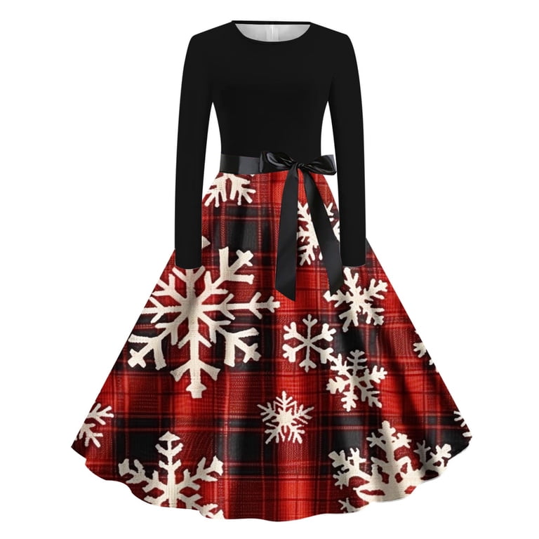 WRFWUL Women's Round Neck Long Sleeve Christmas Print Vintage Swing Dress with Belt Elegant A-Line Midi Party Dress