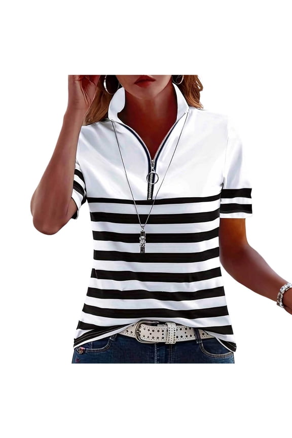 Women's Summer Loose Short Sleeve Tops Color Block Striped Printed Tshirt Zip Stand Neck Shirts Pullover Clothes