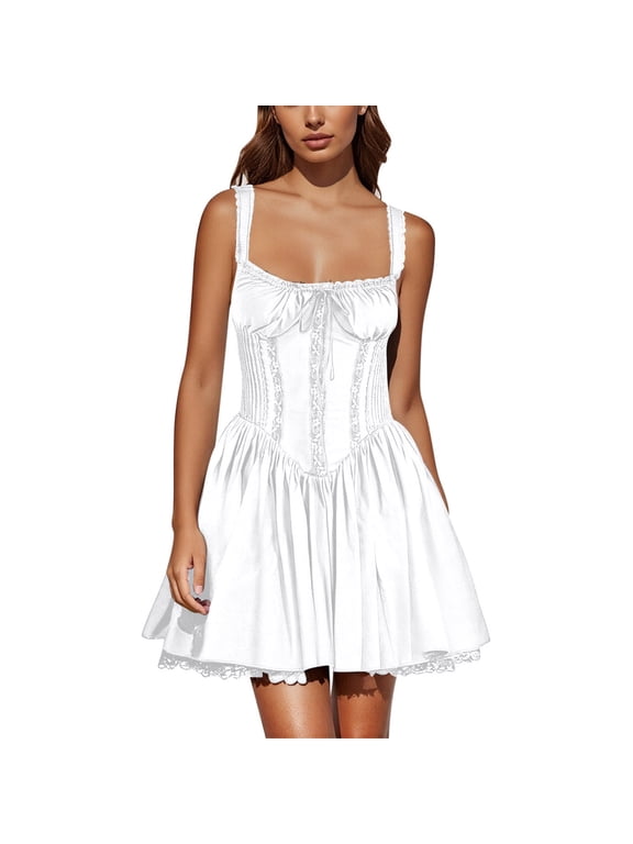 Women's Summer Short Corset Sundress Boho Mini Dress Sleeveless Backless Low Cut Lace Dress