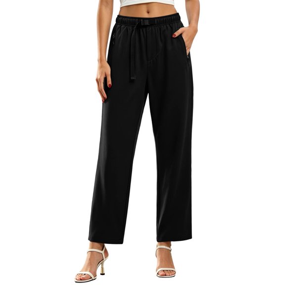 WRFWUL Women's Tie Waist Track Pants Elastic High Waist Straight Leg Pants Outdoor Hiking Travel Casual Trousers with Pockets