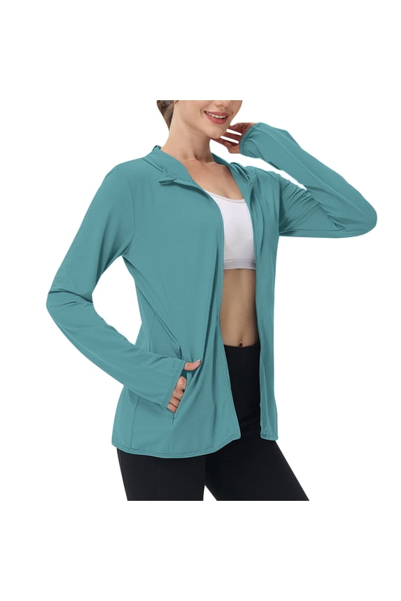 Women's UPF 50+ Sun Protection Hooded Jacket, Lightweight Full-Zip Long-Sleeve SPF Shirts with Pockets for Hiking Running Gym