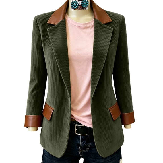WRFWUL Women's Vintage Corduroy Blazer with Faux Leather Trim, Fall Winter Notched Lapel Single-Breasted Jacket (S/M/L/XL/XXL)