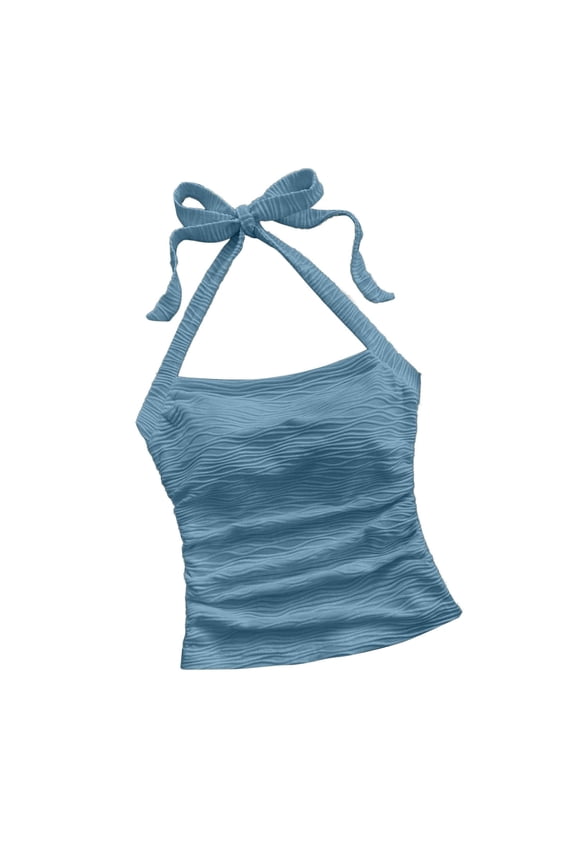 Women's Y2k Halter Tops Open Back Ruched Striped Tie Back Sleeveless Summer Soild Color Going Out Cami Tops