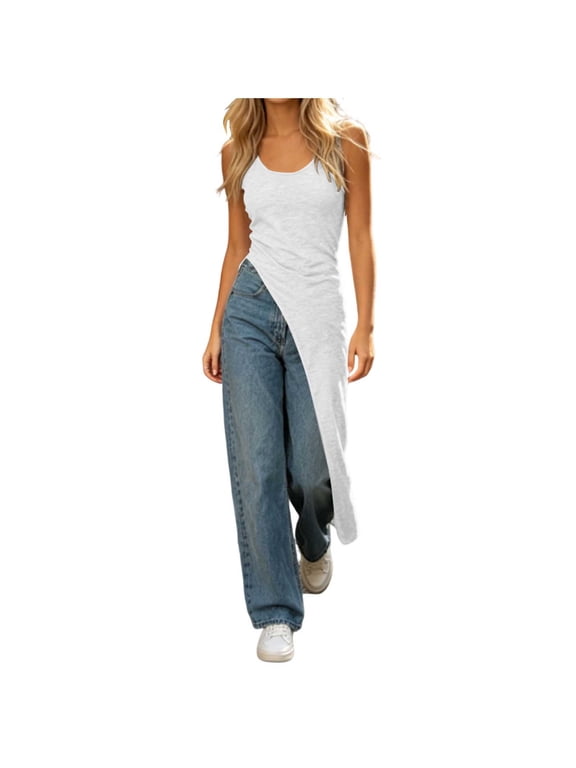 Womens Asymmetric High Low Tank Tops Slim Fit Scoop Neck Sleeveless Split Side Longline Tees Casual Streetwear Outfits