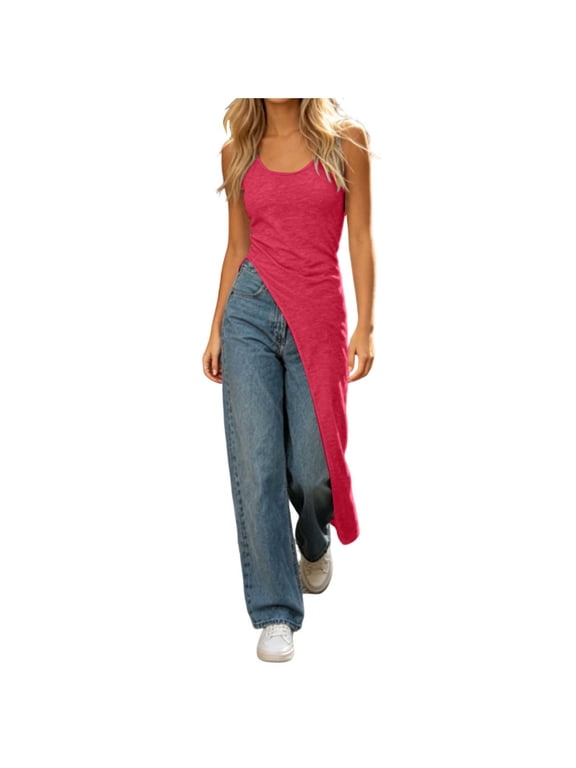 Womens Asymmetric High Low Tank Tops Slim Fit Scoop Neck Sleeveless Split Side Longline Tees Casual Streetwear Outfits