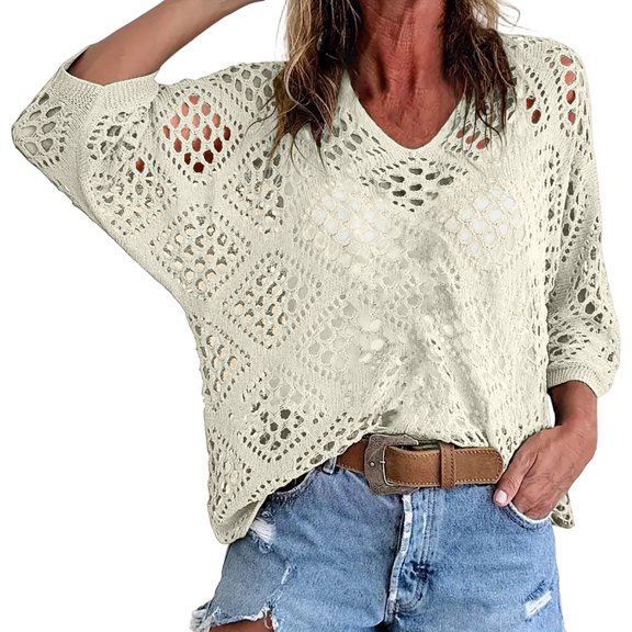 WRFWUL Womens Bohemian V Neck Hollow Out Knit Shirts Loose Batwing Sleeve Crochet Tops Summer Beach Vacation Cover Ups