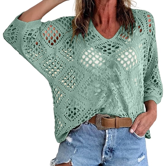 WRFWUL Womens Bohemian V Neck Hollow Out Knit Shirts Loose Batwing Sleeve Crochet Tops Summer Beach Vacation Cover Ups