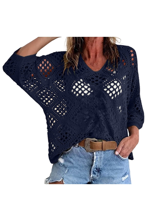 Womens Bohemian V Neck Hollow Out Knit Shirts Loose Batwing Sleeve Crochet Tops Summer Beach Vacation Cover Ups