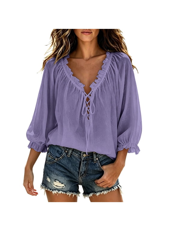 Womens Boho Lace Up V Neck Blouse Cute Ruffle 3/4 Sleeve Tops Flowy Beach Vacation Shirts Fall Fashion Going Out Clothing