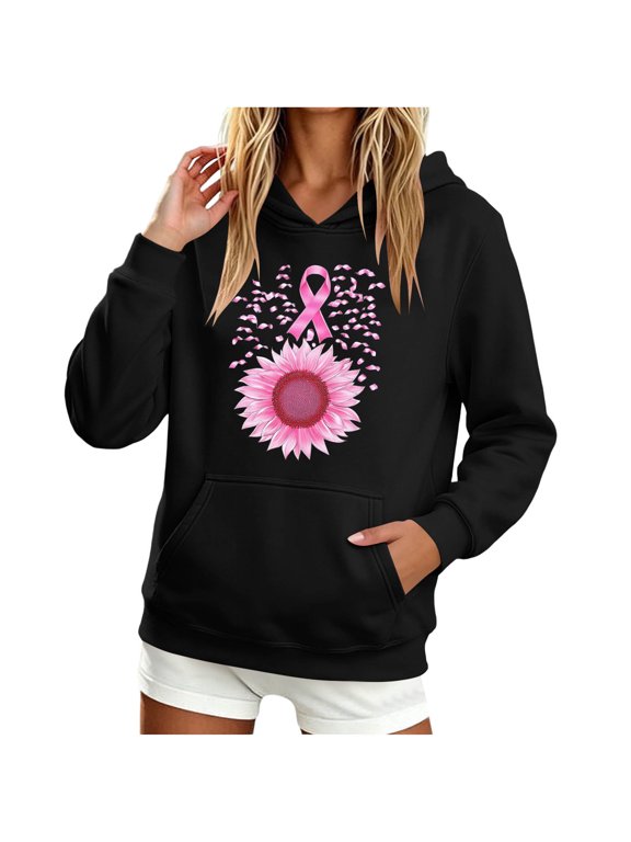 Womens Breast Cancer Awareness Hoodies Casual Long Sleeve Ribbon Sunflower Print Pullover Sweatshirts